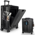 Airline Approved Carry On Luggage With Spinner Wheels, Aluminum Framed Carry On Suitcase With Front Open Laptop Compartment Pocket 22 Inch Large Checked-In Luggage