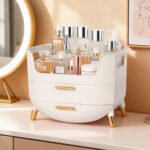 MASSY Egg Shape(Oval) Makeup Storage Box, Countertop Portable Vanity Cosmetics Organizer Preppy Style